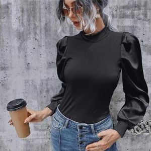 Ribbed satin puff sleeve blouse